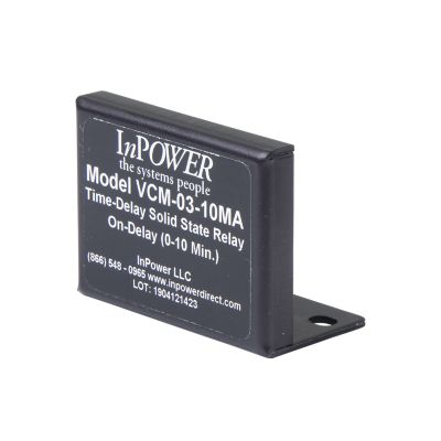 InPower VCM-03.10MA time-delay relay with on-delay, adjustable timer, solid state design, black compact casing.