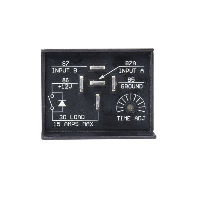InPower VCM-04.10MA time-delay relay with off-delay feature, adjustable settings, black casing, 15 Amp, 12V.