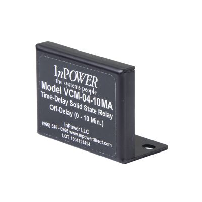 InPower VCM-04.10MA time-delay relay with off-delay feature, adjustable settings, black casing, 15 Amp, 12V.