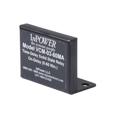 InPower VCM-03.60MA time-delay relay, featuring adjustable on-delay with solid-state design and company branding.