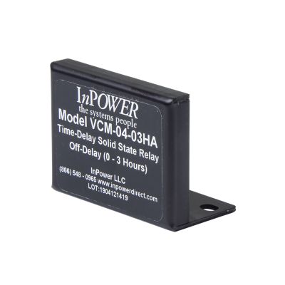 InPower VCM-04-03HA time-delay relay, off-delay, adjustable timer, 15 Amp, 12V, compact solid state design.