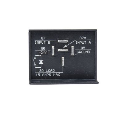 Pins on InPower VCM-02 solid state relay with latching feature, black casing, white text, 24V alternating, 15A capacity.