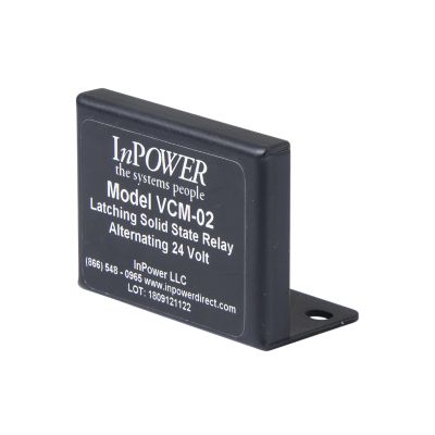 InPower VCM-02 solid state relay with latching feature, black casing, white text, 24V alternating, 15A capacity.