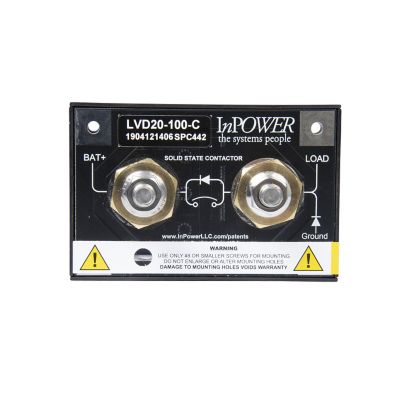 Low Voltage Disconnect device with dual connections, labeled InPower, featuring durable metallic components for 12V systems.