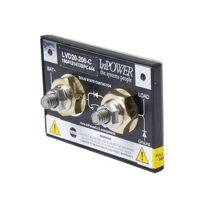 InPower LVD-20-200-SPC444 Low Voltage Disconnect, automatic, shown with connection terminals and labeled indicators.