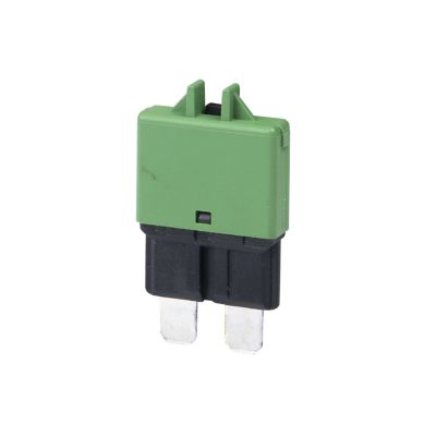 Green ATO/ATC¬Æ low profile manual reset breaker with dual prongs and a compact design for automotive applications.