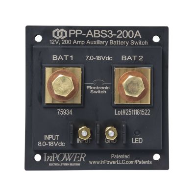 Thin black solid state battery isolator switch with multiple connection points and mounting holes, 200 amp