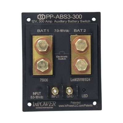 Thin black solid state battery isolator switch with multiple connection points and mounting holes