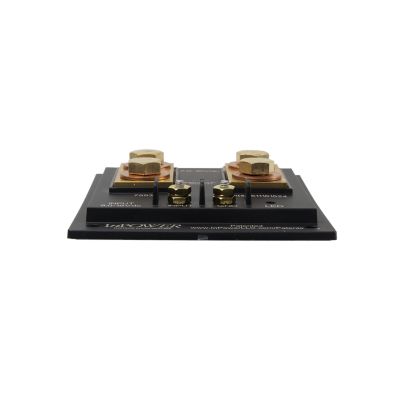 View from the side of a thin black solid state battery isolator switch with 4 lug connection points and mounting holes, 300 amp