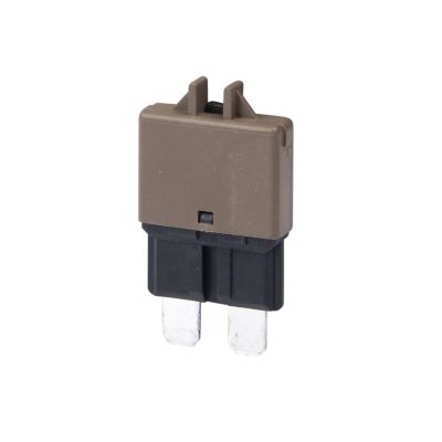 Brown 7.5 Amp blade-style circuit breaker with manual reset and low profile design, ideal for efficient circuit protection.