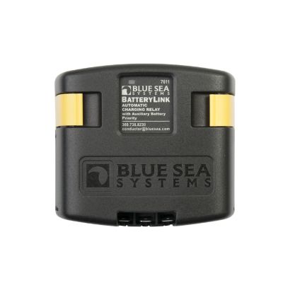 Blue Sea Systems BatteryLink automatic charging relay with black housing and yellow accents.