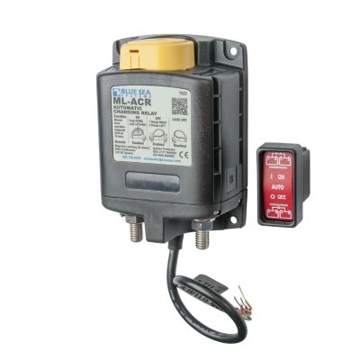 Automatic charging relay with remote switch, featuring labeled connections and integrated cable for efficient power management.
