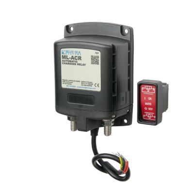 Blue Sea Systems ML-ACR Charging Relay with wiring and a remote control switch for efficient battery management.
