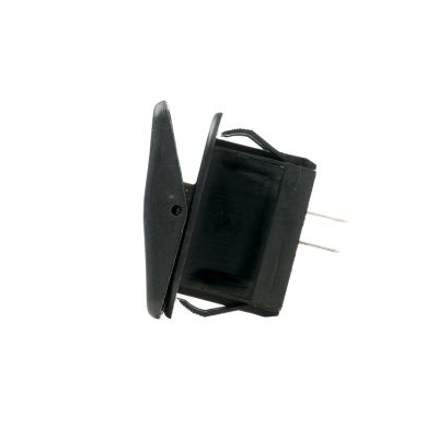 Black Surf N Turf Sport Series SPST rocker switch with side view, showcasing its prongs and textured design.