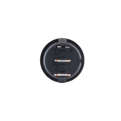 Round black LED paddle switch with SPST configuration, featuring multiple metal terminals for electrical connections.