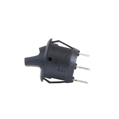 Black LED paddle switch with SPST configuration, featuring multiple metal prongs for electrical connections.