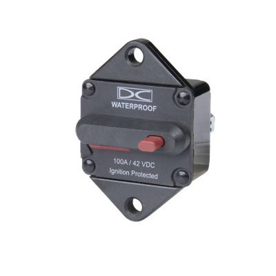 Manual reset hi-amp circuit breaker, panel mount, with switchable design and waterproof casing.