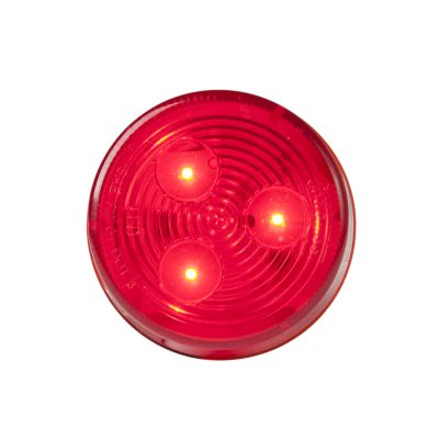 Round LED side marker light glowing red with three bright LEDs, featuring a circular design and sleek finish.