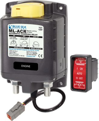 Blue Sea Systems ML-ACR Automatic Charging Relay with manual control and connector, showcasing front and side design.