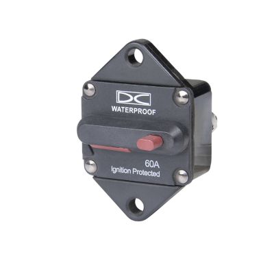 Del City manual reset circuit breaker, panel mount, waterproof design, switchable, 60 Amp, 48V, ignition protected.