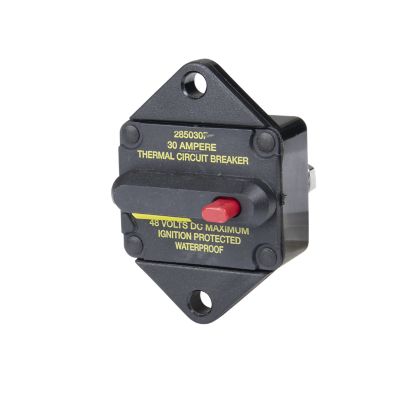 Manual reset Hi-Amp circuit breaker, black panel design with yellow markings, red switch for easy control, 30 Amp, 48V.
