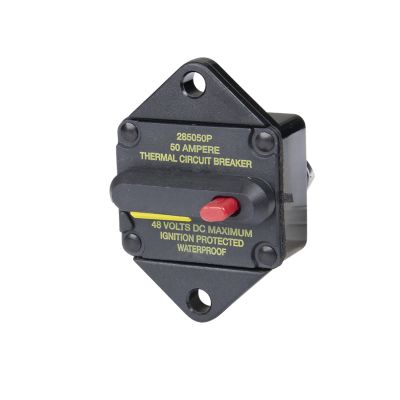 Manual reset Hi-Amp circuit breaker with switch, black panel mount design, Eaton Bussmann 50 Amp, 48V, waterproof and ignition protected.