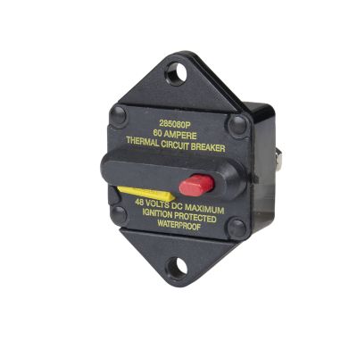 Manual reset switchable circuit breaker by Eaton Bussmann, featuring a robust black panel design and a red reset button.