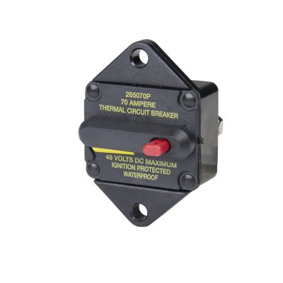 Manual reset thermal circuit breaker with switch, black body, labeled 70 Amps, 48V max, waterproof, ignition protected.