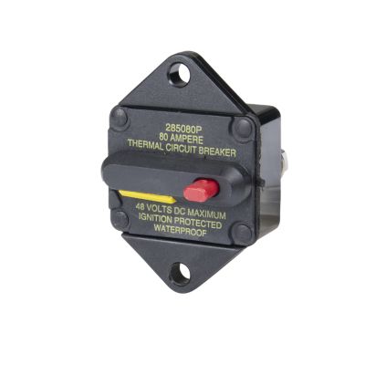 Eaton Bussmann Hi-Amp Circuit Breaker, manual reset, black panel, red switch, 80A, 48V, waterproof design.