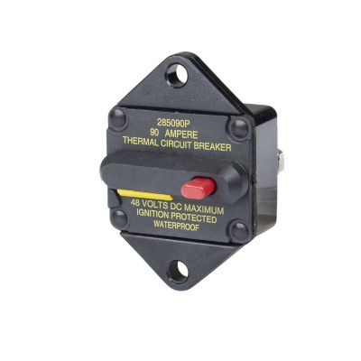 Manual reset Hi-Amp circuit breaker with switchable design, black panel, and red reset button. Waterproof and ignition protected.