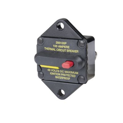 Manual reset circuit breaker with switch, Eaton Bussmann 285100P-121-S, waterproof design, 100 Amp, 48V, panel mount.