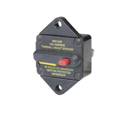 Manual reset circuit breaker with a red switch, designed for panel use, offering 120 amp protection at 48 volts.