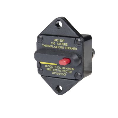 Manual reset circuit breaker with red switch, Eaton Bussmann 150 Amp 48V, designed for panel mounting and ignition protection.