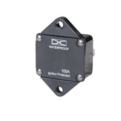 Del City Auto Reset Hi-Amp Circuit Breaker with panel mount design, waterproof finish, and 100 Amp protection capacity.