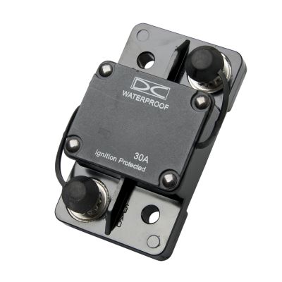 Del City waterproof auto reset circuit breaker, surface mount design, featuring hi-amp capacity and ignition protection.