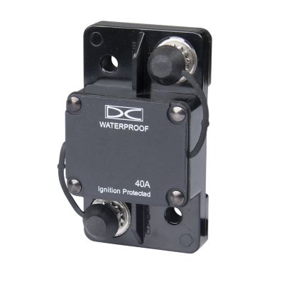 Waterproof Del City auto reset circuit breaker, surface mount, hi-amp, 40A, ignition protected, with studs shown.