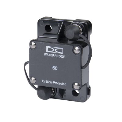 Waterproof Del City auto reset hi-amp circuit breaker with surface mount and ignition protection features.