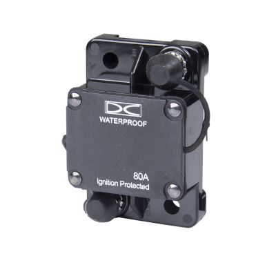 Surface mount auto reset circuit breaker, waterproof, 80 Amp, black design, with ignition protection label.