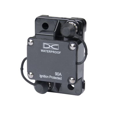Waterproof auto reset circuit breaker with surface mount design, ignition protected, rated at 90 Amp, black finish.