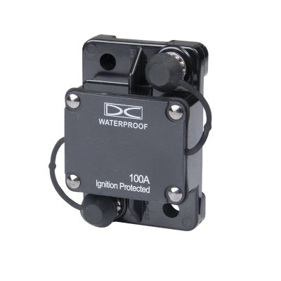 Surface mount 100 amp auto-reset circuit breaker with waterproof casing, highlighting ignition protection and stud connections.