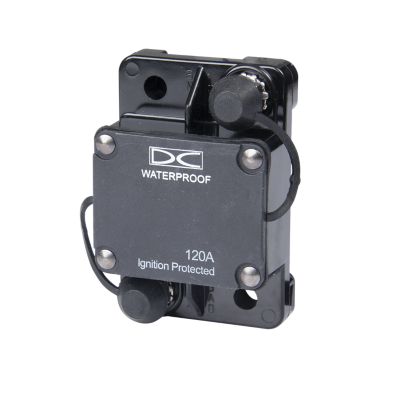 Auto reset hi-amp circuit breaker, surface mount with waterproof housing, 120-amp ignition protection for automotive use.