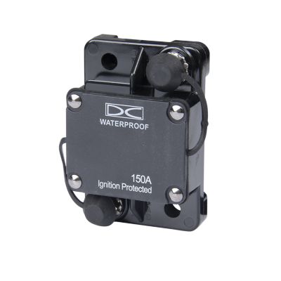 Del City surface mount hi-amp circuit breaker, waterproof, ignition protected, 150 amp, black exterior.