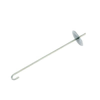 Steel gray Heyco SunScreener wire mesh clip with hook and disc, ideal for securing mesh structures.