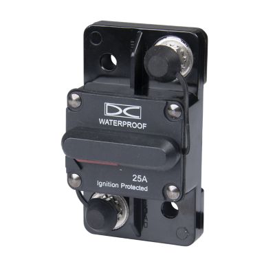 Manual reset circuit breaker, surface mount, waterproof design with ignition protection, 25 amp capacity.