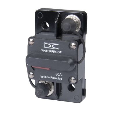 Manual reset circuit breaker, surface mount design, 30 Amp, 48V with waterproof protection and ignition safety features.