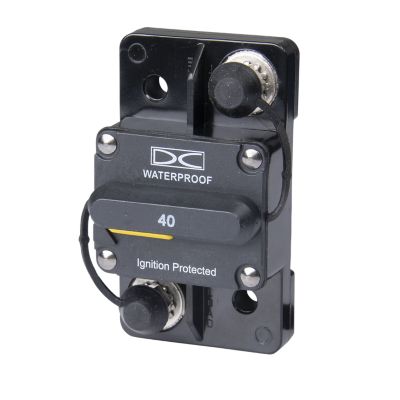 Waterproof manual reset circuit breaker, surface mount, 40 Amp capacity, ignition protected design.