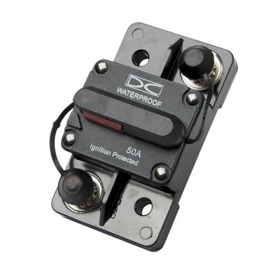 Waterproof manual reset circuit breaker with surface mount and high-amp capacity, featuring ignition protection.