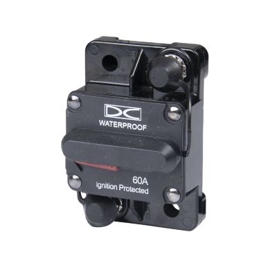 Waterproof manual reset circuit breaker, surface mount design, labeled 60A and ignition protected by Del City.