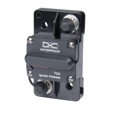 Del City manual reset hi-amp circuit breaker, surface mount, waterproof design, 70 amp, 48V, ignition protected.