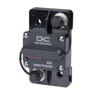 Manual reset hi-amp circuit breaker by Del City, surface mount, waterproof, 80A, 48V, with labeled ignition protection.